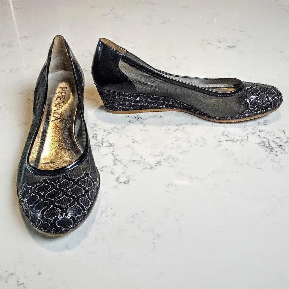 Prevata Black Embellished Mesh Italian Wedges 8B